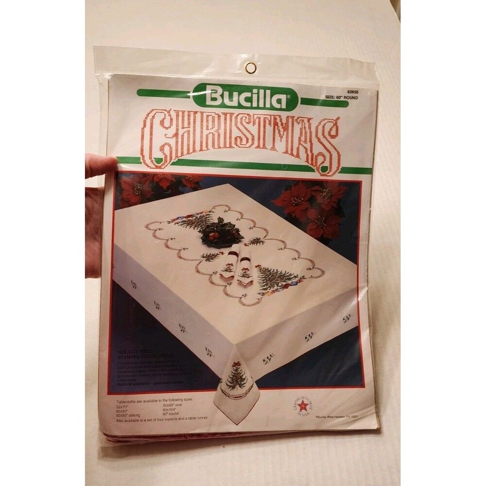 Bucilla Stamped Cross stitch Kit 60” Round Tablecloth Holiday Tree 82650 New Vtg